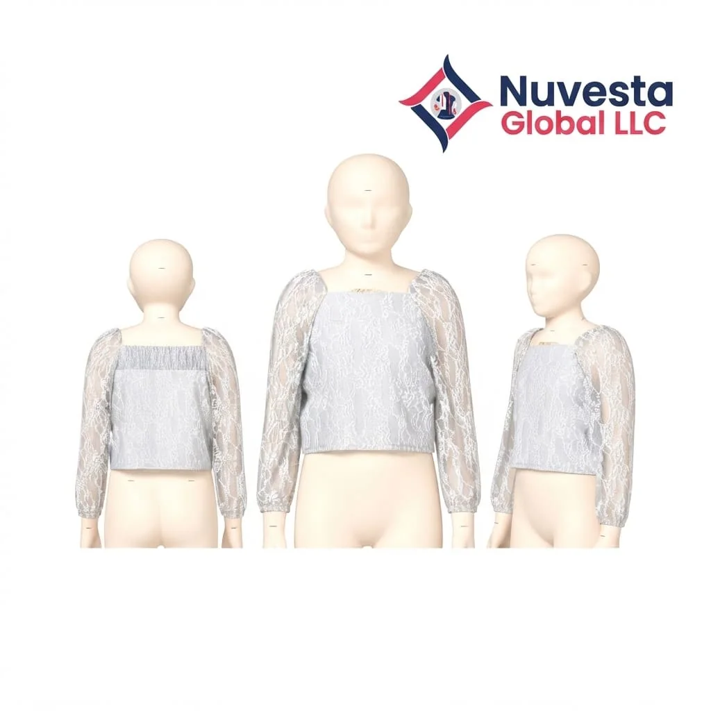 Nuvesta Girls Lace Square Neck Long Sleeve Top – Silver Grey