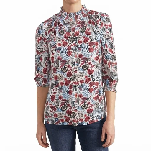 Women's Floral Print Smocked-Neck Blouse - Red/Blue