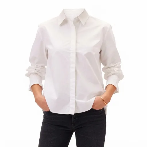 Women's Poplin Shirt with Smocked Cuffs - White