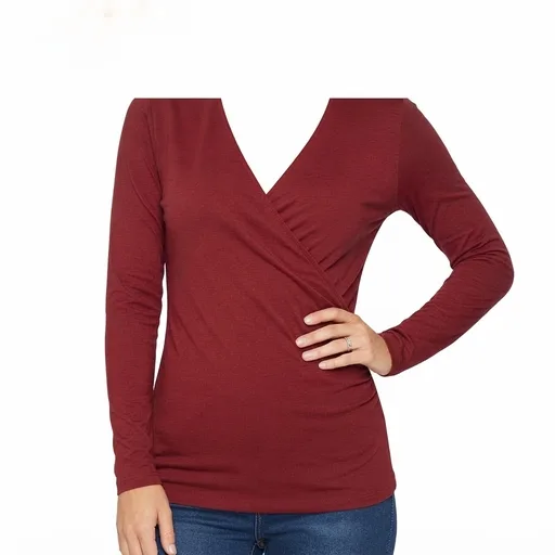 Women's Long-Sleeve Wrap Top - Burgundy
